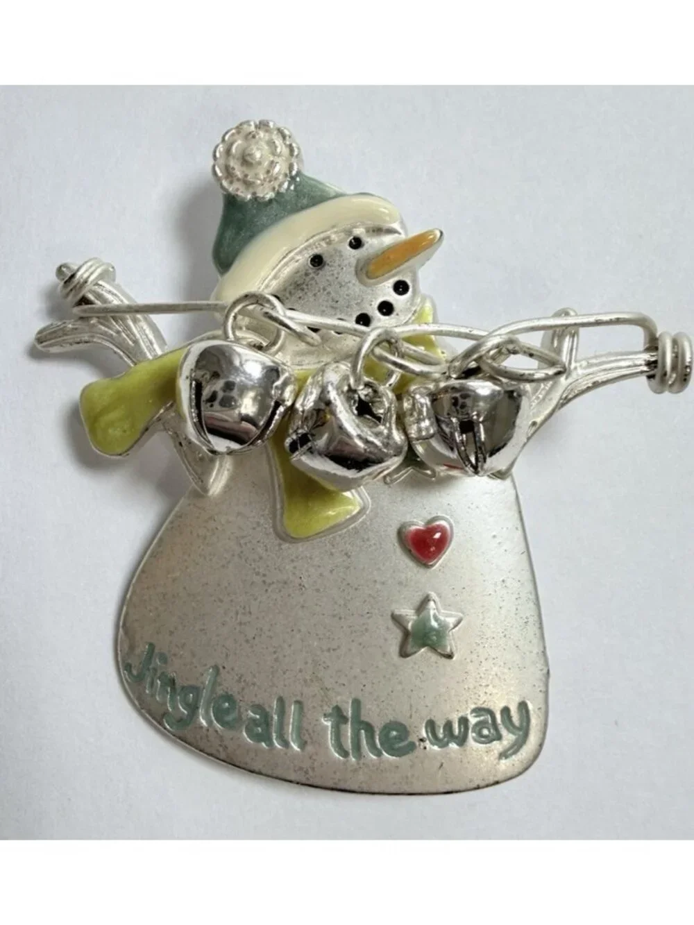 Snowman Brooch Jingle All The Way With Jingle Bells Silver Tone Signed TC
